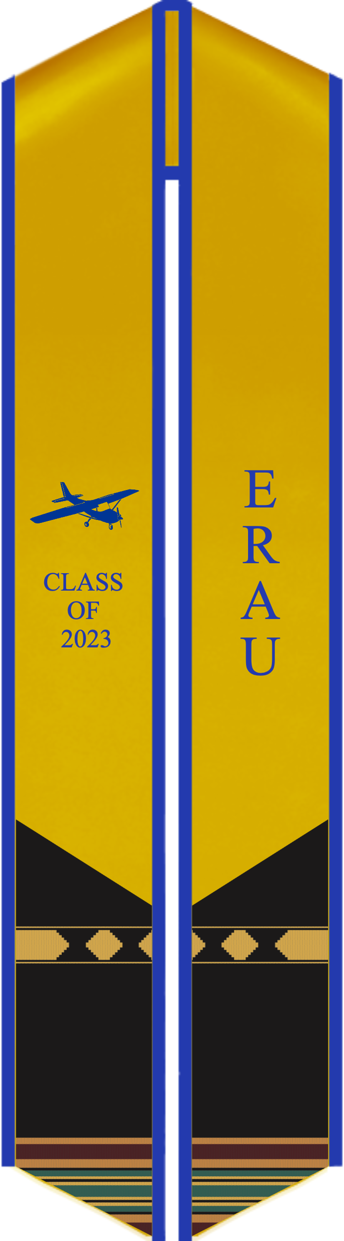 Custom Embry-Riddle Aeronautical University graduation stoles in official gold, blue, and other patterns.