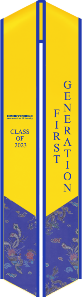 Custom Embry-Riddle Aeronautical University graduation stoles in official gold, blue, and other patterns.