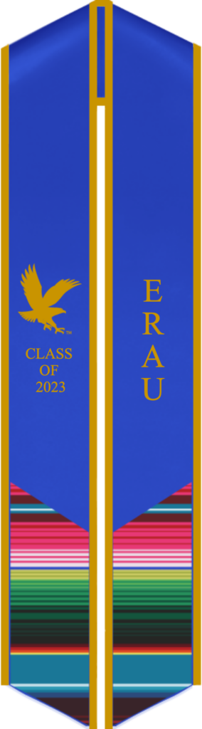 Custom Embry-Riddle Aeronautical University graduation stoles in official gold, blue, and other patterns.