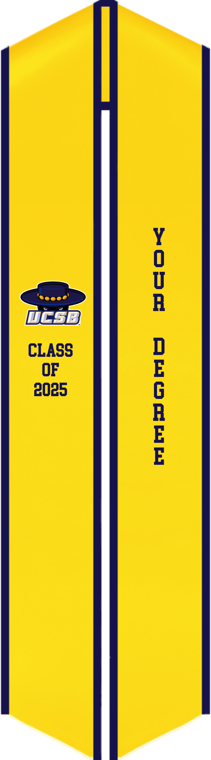 Custom UC Santa Barbara graduation stoles in official blue, gold, and tropical patterns