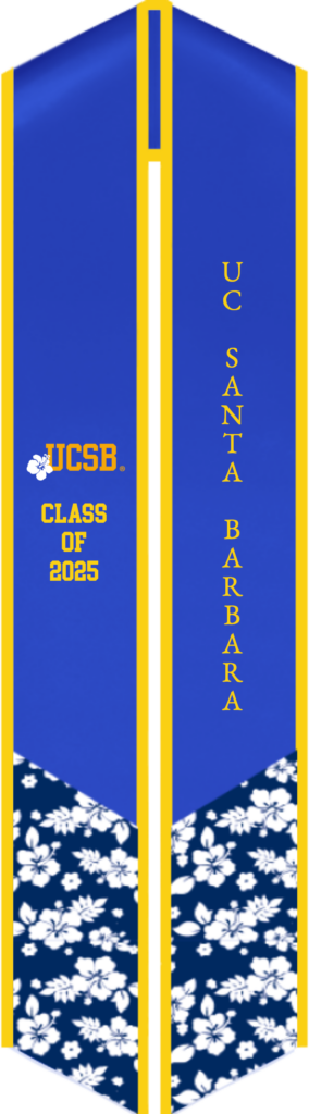 Custom UC Santa Barbara graduation stoles in official blue, gold, and tropical patterns