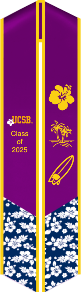 Custom UC Santa Barbara graduation stoles in official blue, gold, and tropical patterns