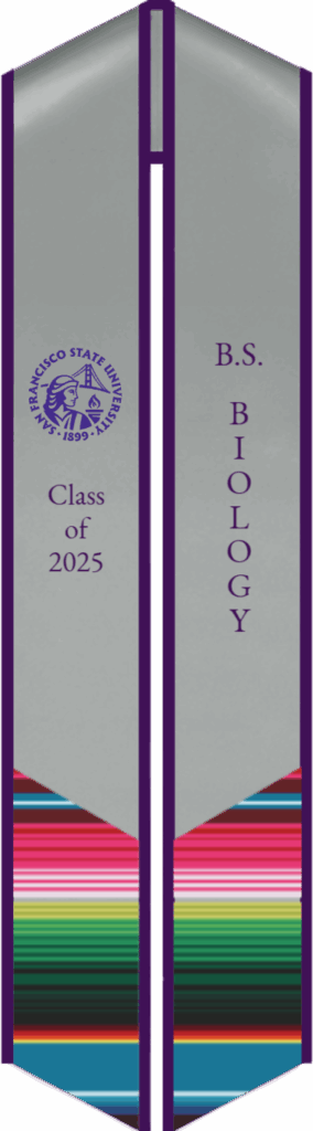 Custom San Francisco State graduation stoles in official purple, gold, and other patterns