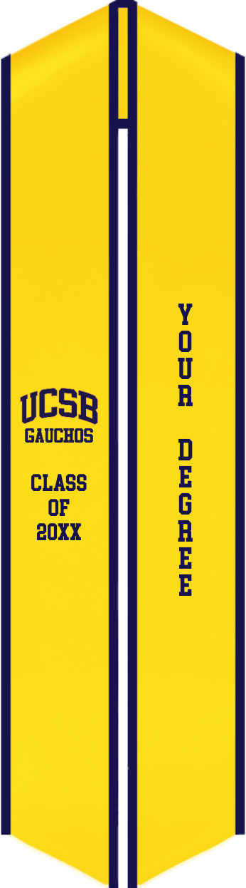 Custom UC Santa Barbara graduation stoles in official blue, gold, and tropical patterns