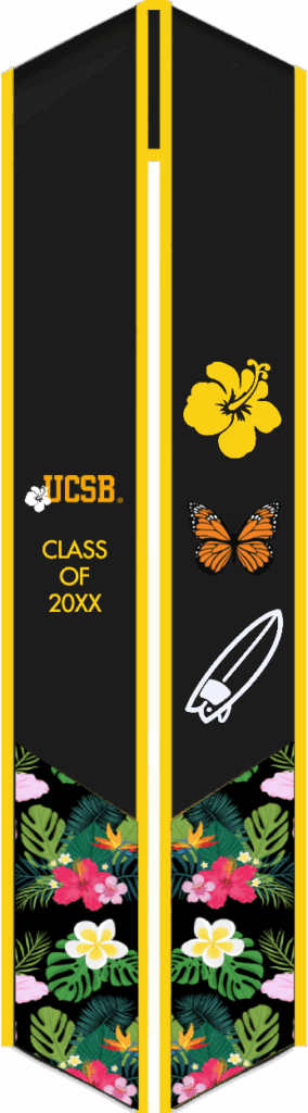 Custom UC Santa Barbara graduation stoles in official blue, gold, and tropical patterns