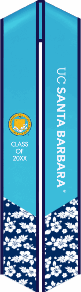 Custom UC Santa Barbara graduation stoles in official blue, gold, and tropical patterns