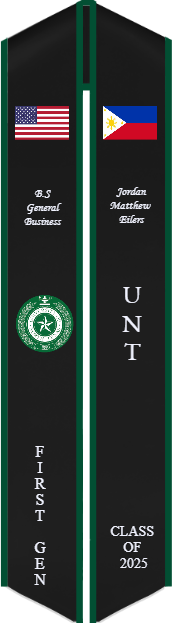 A University of North Texas graduation stole in official white, green, and black colors.