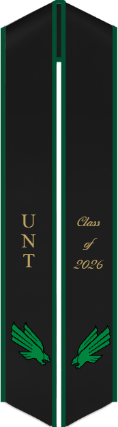 A University of North Texas graduation stole in official white, green, and black colors.