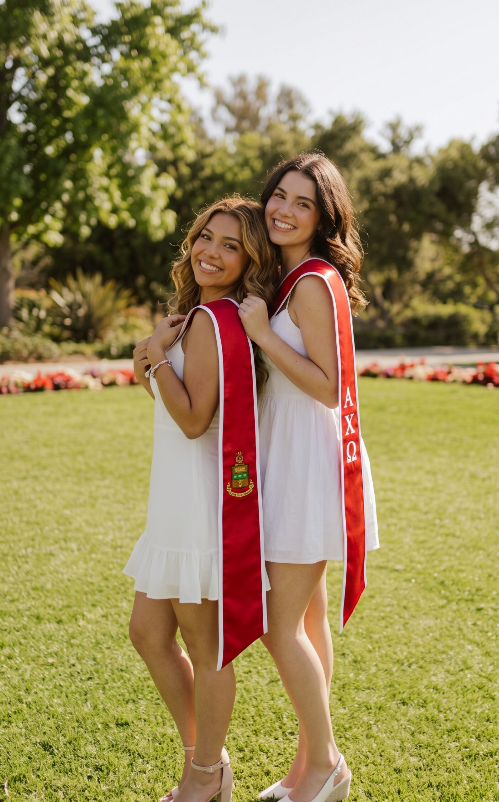 Alpha Chi Omega sorority sisters in white dresses and red stoles.