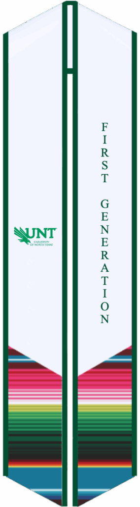 A University of North Texas graduation stole in official white, green, and black colors.