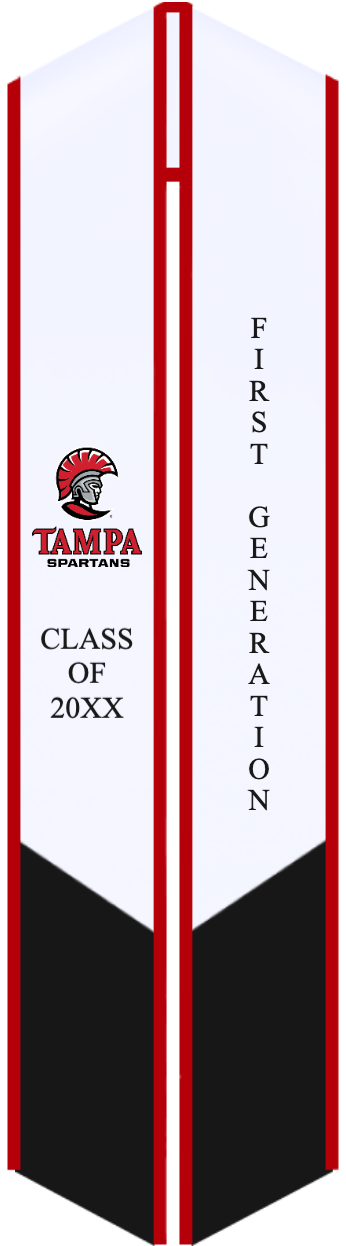 Custom graduation stoles featuring official campus red and black colors.