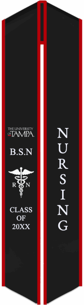 Custom graduation stoles featuring official campus red and black colors.
